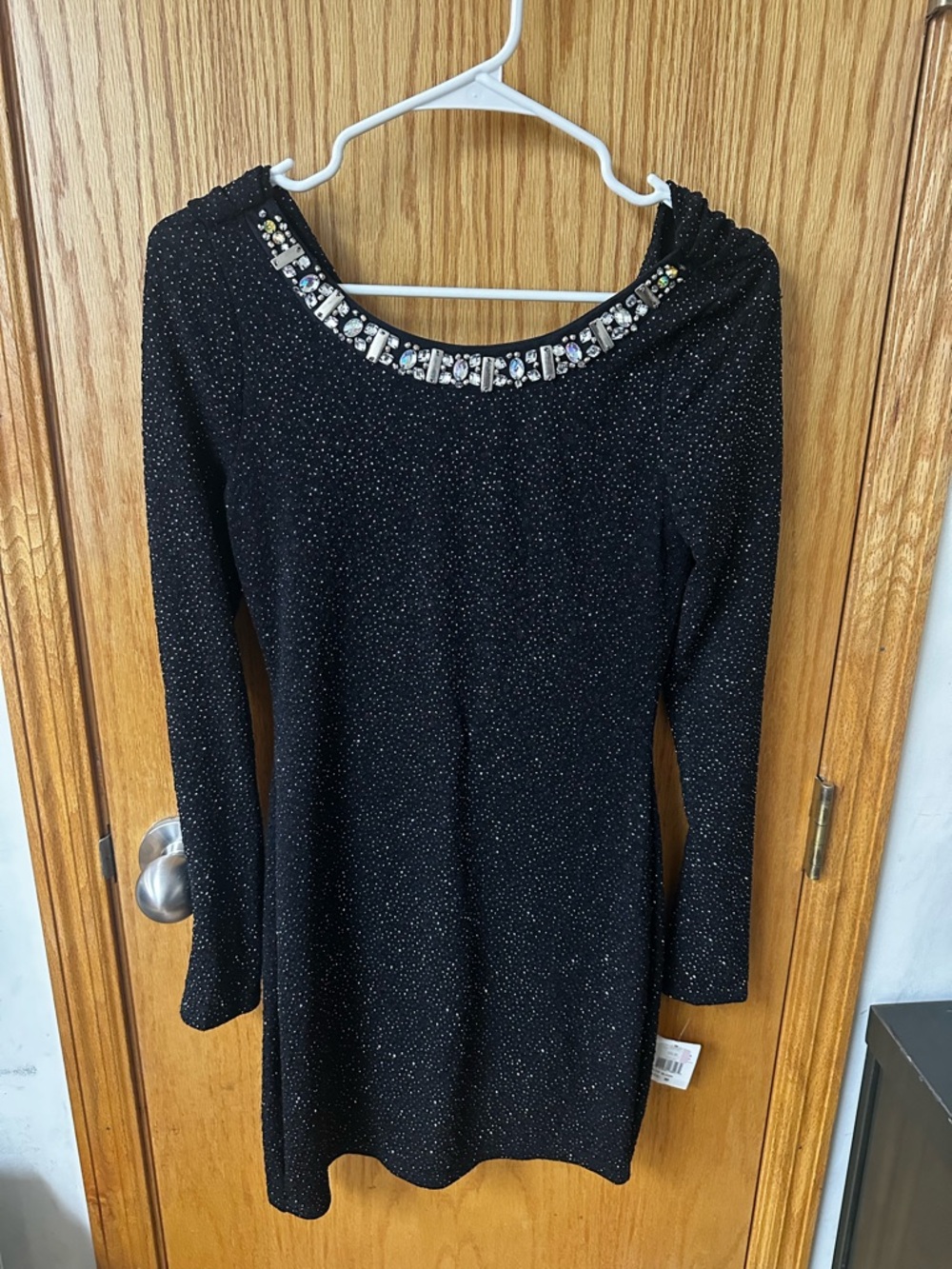 Embellished Black Sparkle Long Sleeve Dress
